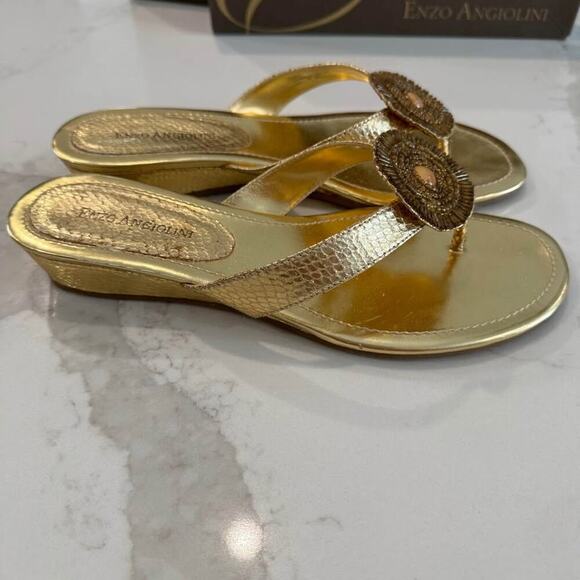 Enzo Angiolini Eanetta Sandals Women's 8 Stacked Wedge Heel Jeweled Beaded Gold - Picture 4 of 10